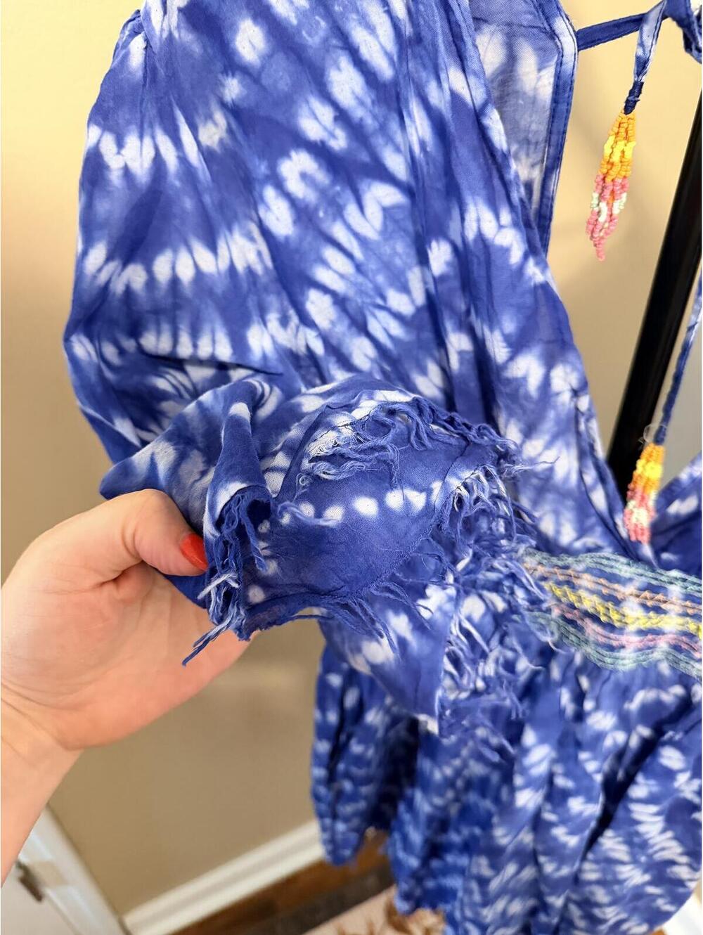 Blue Island Tie Dye Boho Babydoll Tunic Dress Blue White Size L - Picture 4 of 4